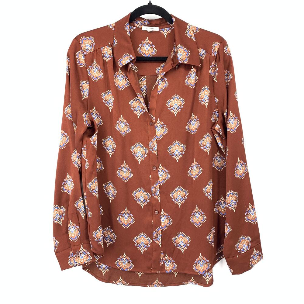 Pleione Long Sleeve Button Front Shirt Womens Size Large Brown Blue Floral Print
